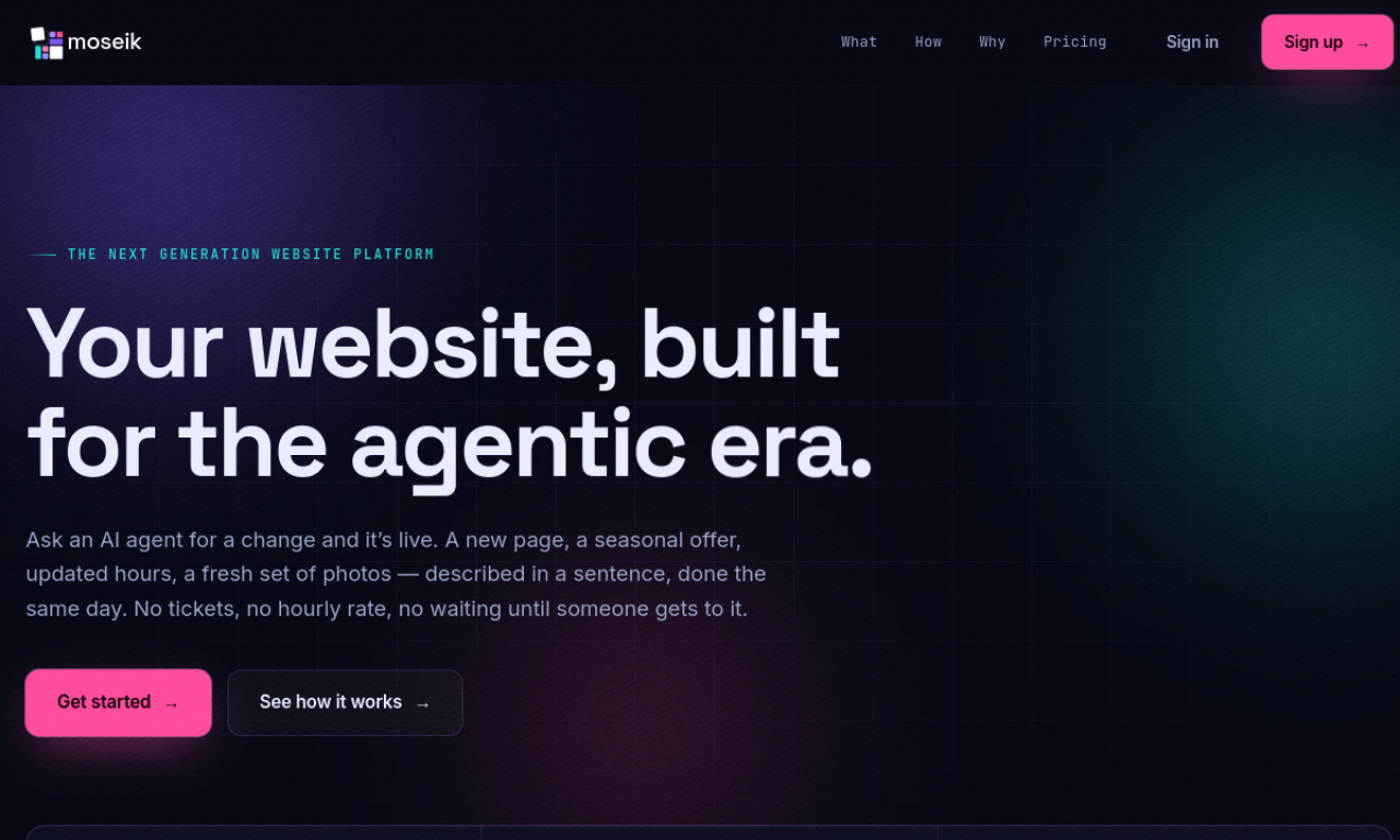 Moseik product homepage screenshot showing the chat-driven website platform interface